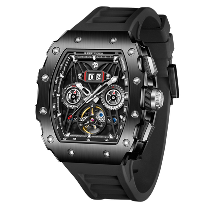 Reef Tiger Men's Aurora Titan Mechanical Multifunctional Day/Date Skeleton Automatic Watch RGA3009 Black image 1