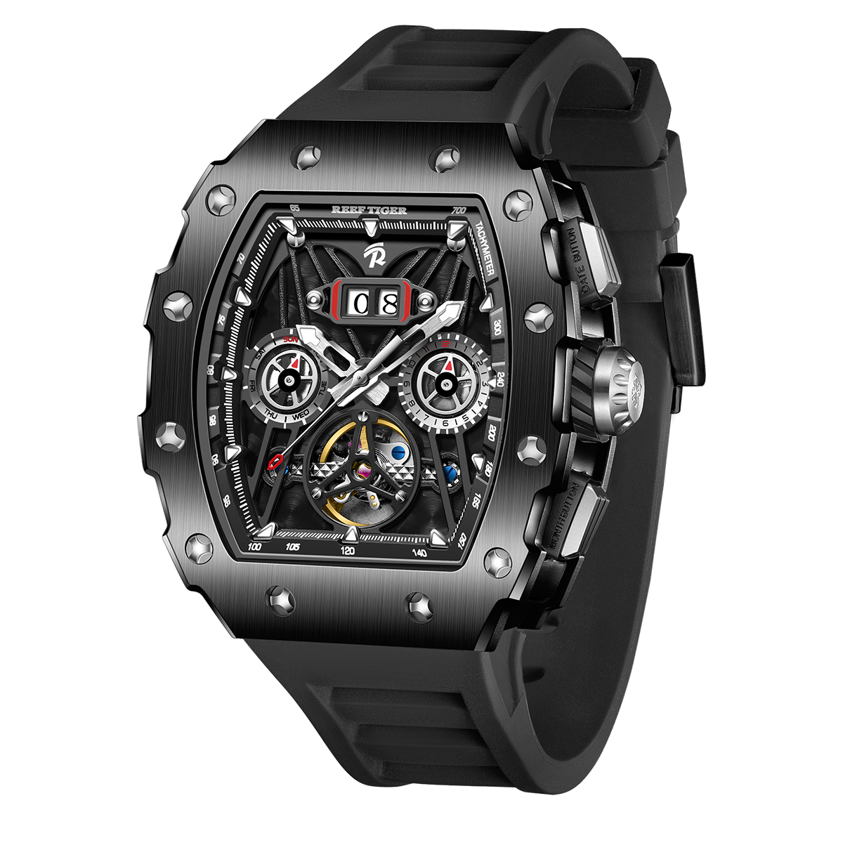 Reef Tiger Men's Aurora Titan Mechanical Multifunctional Day/Date Skeleton Automatic Watch RGA3009 Black image 1