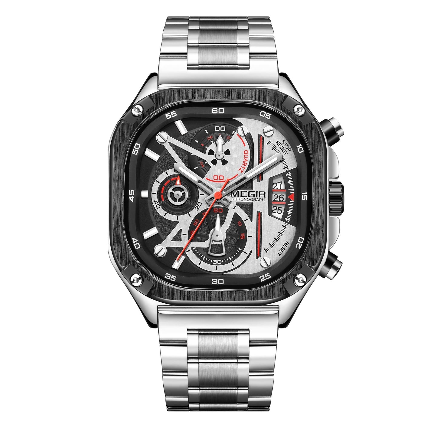 MEGIR Men's SQUARE-X Chronograph Silver / Black Watch