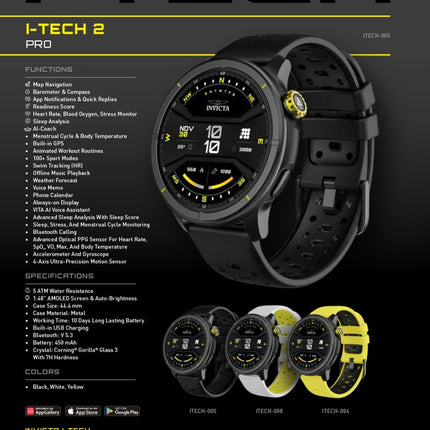 INVICTA I-TECH - 2 PRO ITECH-006 Men's Watch - Smartwatch Movement - Stainless Steel with Black Dial - 46 mm