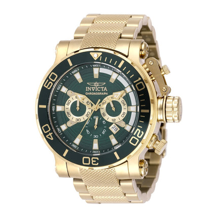 Invicta men’s gold chronograph wristwatch with green dial and stainless steel band