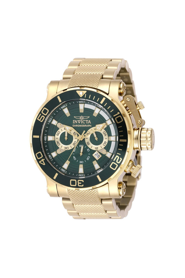 Invicta men’s gold chronograph wristwatch with green dial and stainless steel band