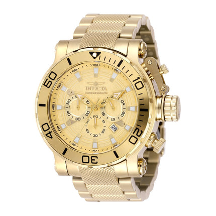 Gold-tone men's chronograph watch with stainless steel band and rotating bezel