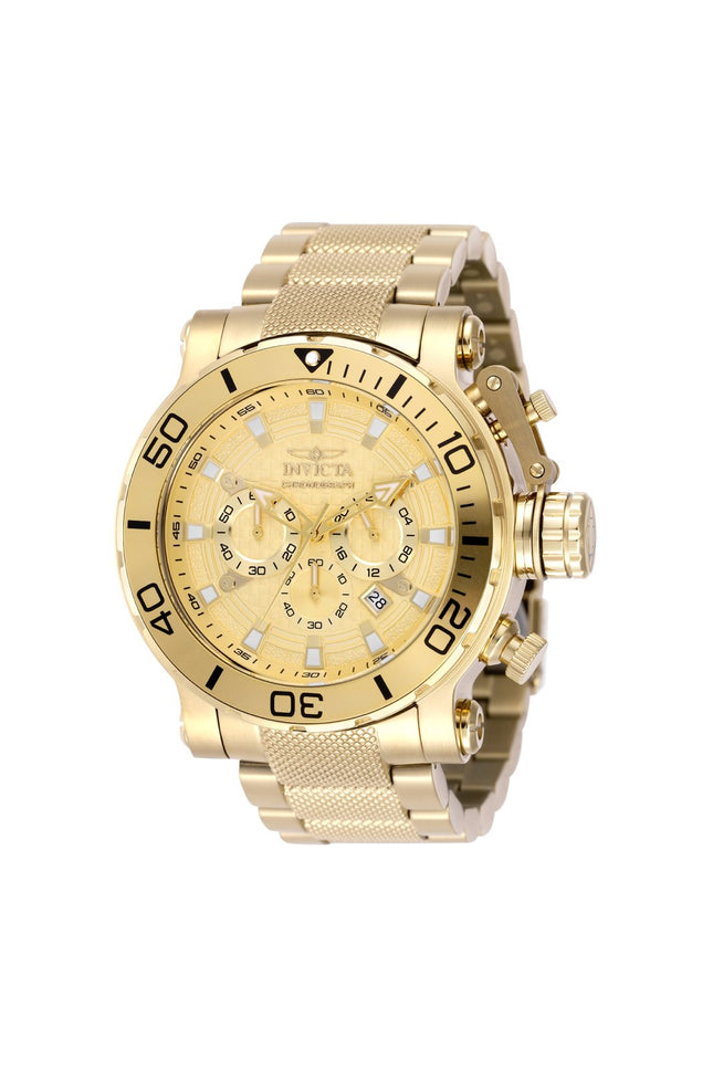 Gold-tone men's chronograph watch with stainless steel band and rotating bezel