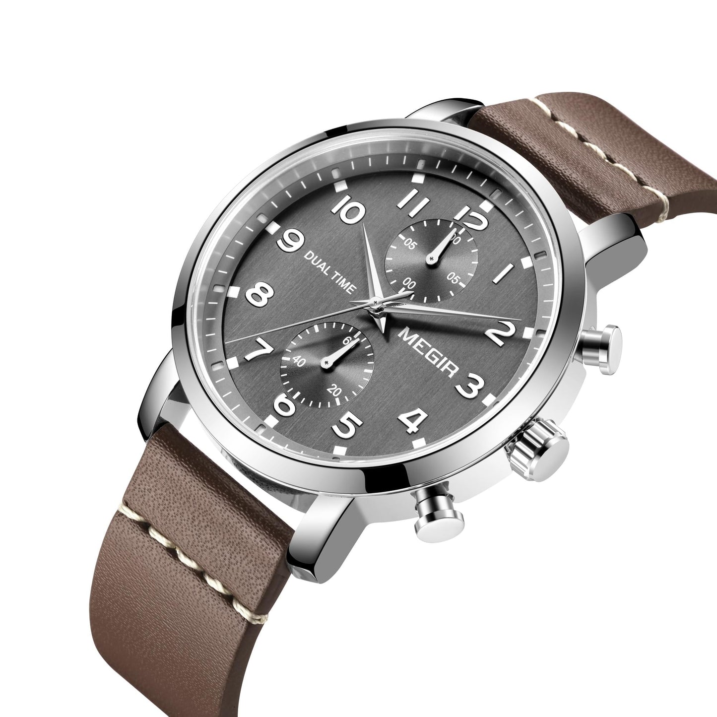 MEGIR Men's Dual Time Chronograph Date 42mm Silver / Leather Watch