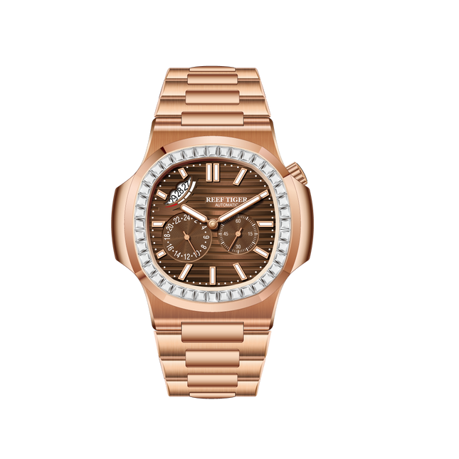 Reef Tiger Men's Peak 44mm Square Crystal Bezel Automatic Watch RGA2019 Rose Gold/Brown - Zirconia Bezel image