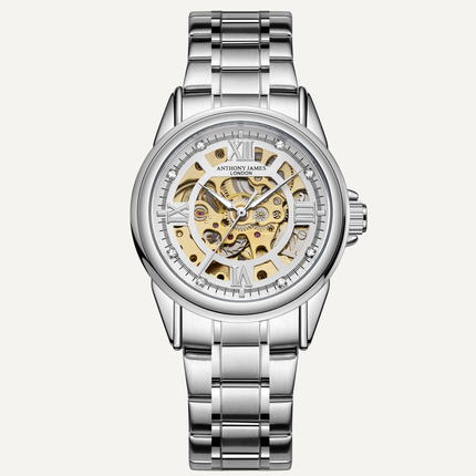 Skeleton Automatic Steel & White Mens Watch image 0