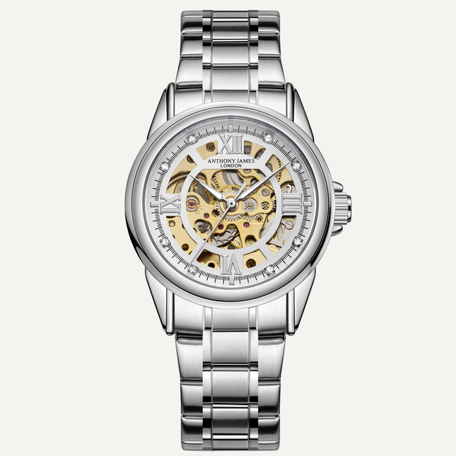 Skeleton Automatic Steel & White Mens Watch image 0
