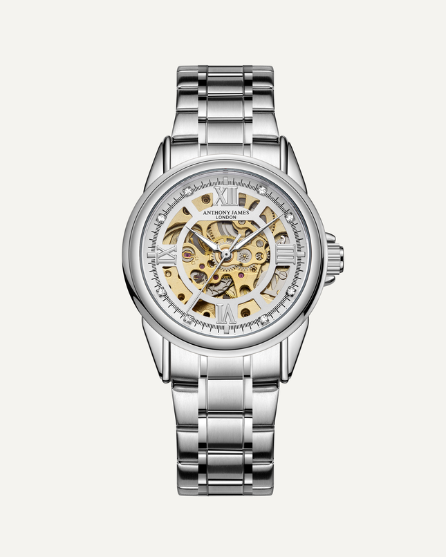 Skeleton Automatic Steel & White Mens Watch image 0