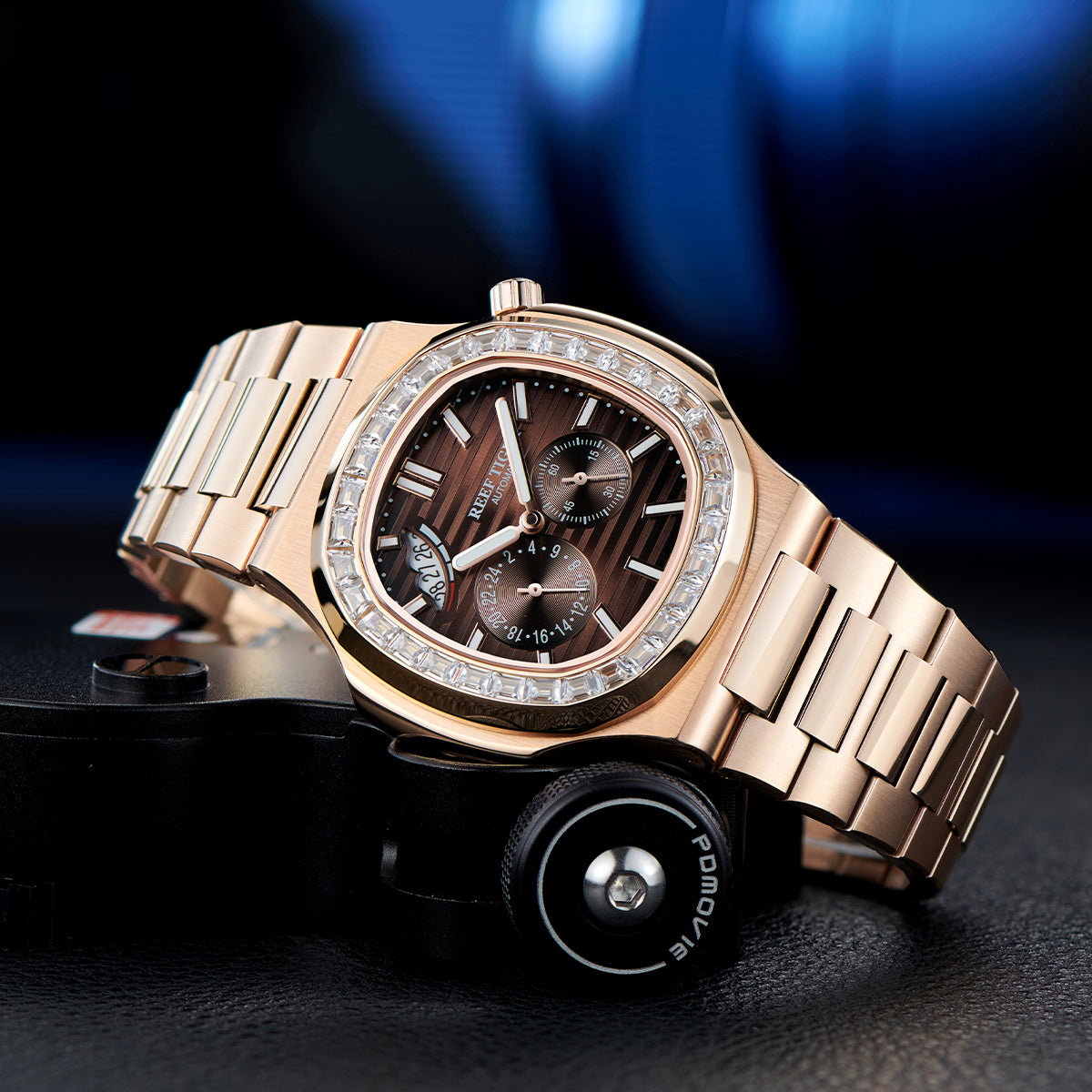 Reef Tiger Men's Peak 44mm Square Crystal Bezel Automatic Watch RGA2019 Rose Gold/Brown image 1