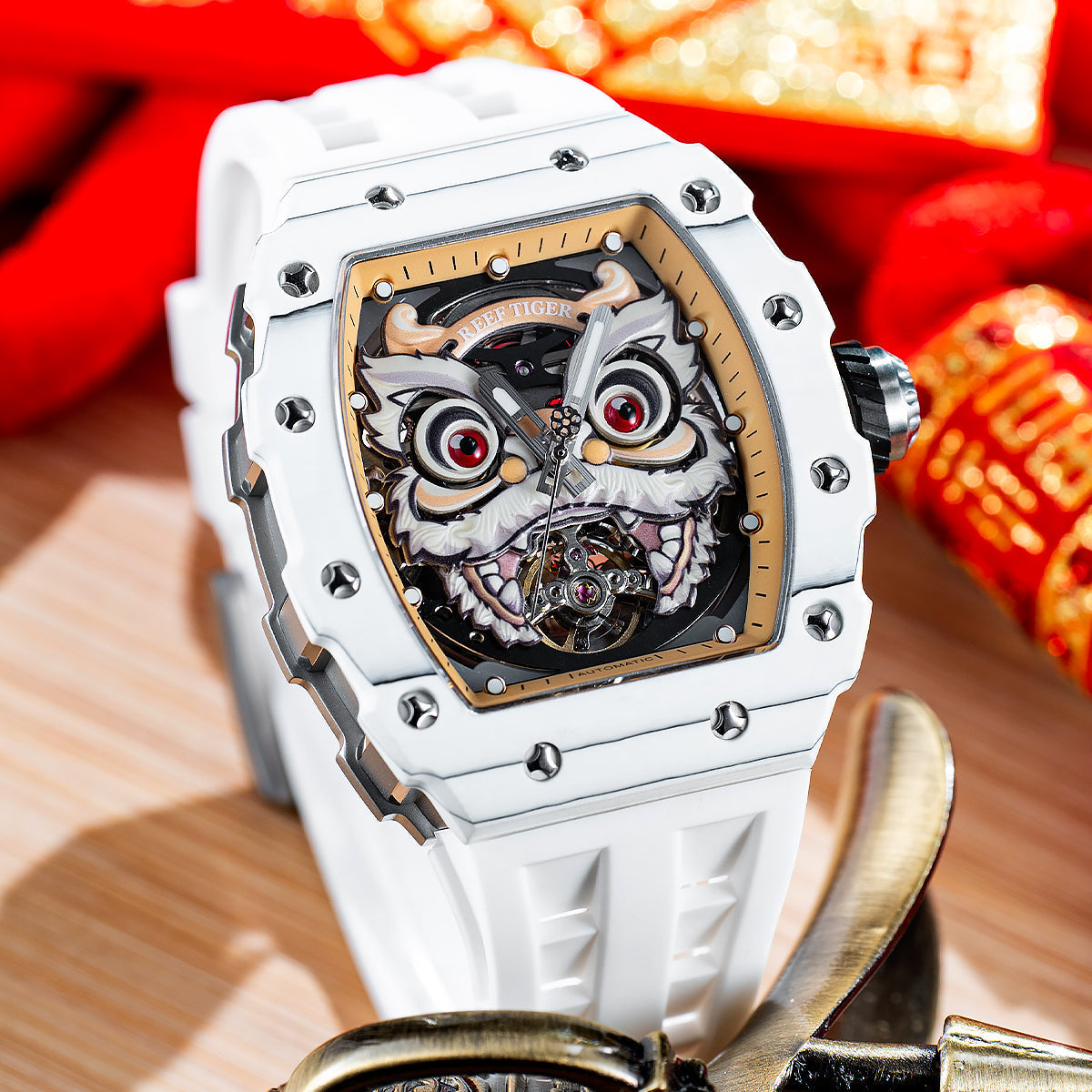 Reef Tiger Men's Chinese Lion Dance Automatic Skeleton Watch RGA3009 White image 6