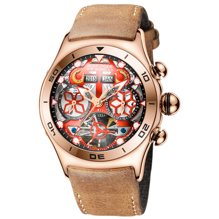 Reef Tiger Men's Aurora Air Bubbles Automatic Mechanical Skeleton Watch Rose Gold/Camel - Leather image