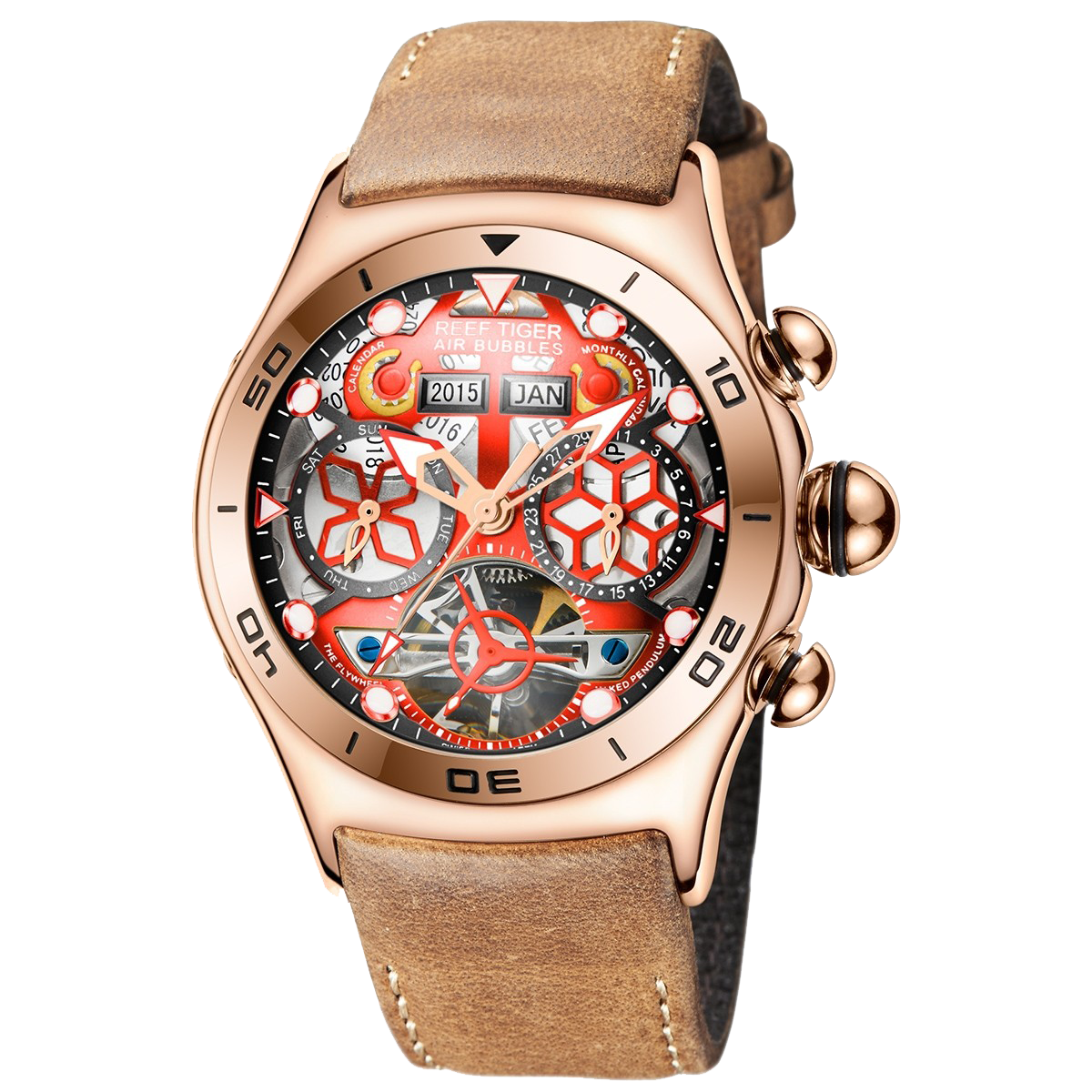 Reef Tiger Men's Aurora Air Bubbles Automatic Mechanical Skeleton Watch Rose Gold/Camel - Leather image