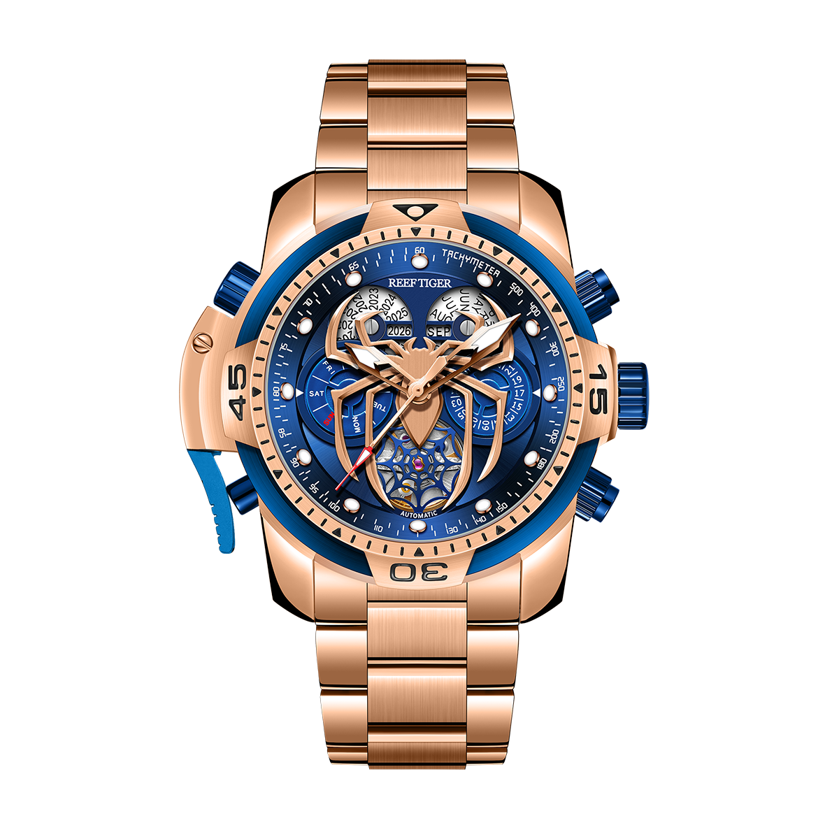 Reef Tiger Men's Aurora Spider Automatic Chronograph Watch Rose Gold/Blue image 11