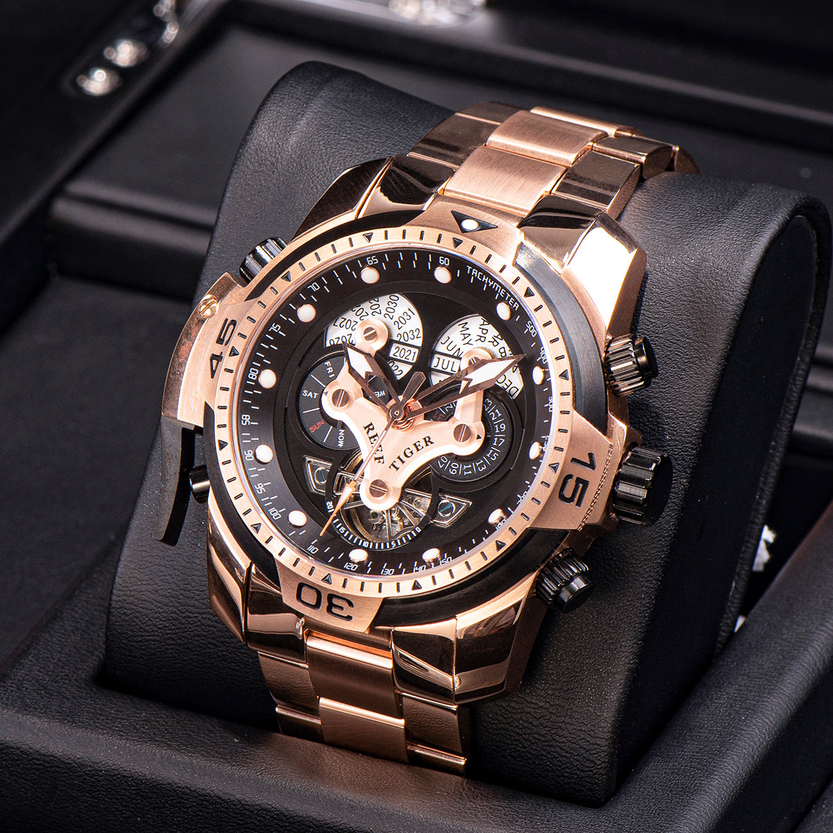 Best Reef Tiger Men's Aurora Concept Rose Gold Luxury Automatic Sport Watch image 6
