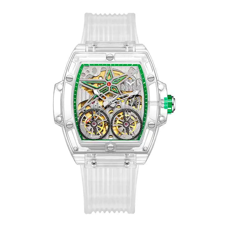ONOLA Clear Series Plastic Transparent Maximus Double Barrel AUTOMATIC Watch - Clear / Green Trim image