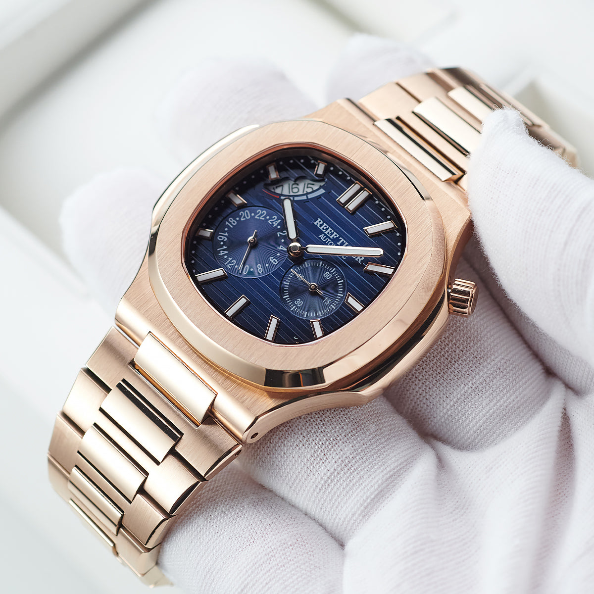 Reef Tiger Men's Peak 44mm Square Crystal Bezel Automatic Watch RGA2019 Rose Gold/Blue image 9