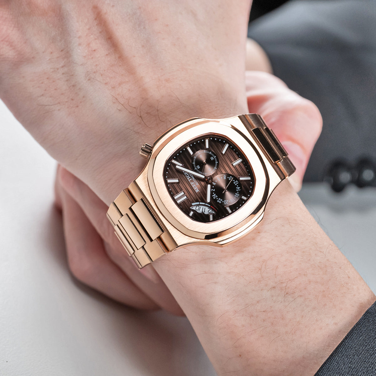 Reef Tiger Men's Peak 44mm Square Crystal Bezel Automatic Watch RGA2019 Rose Gold/Brown image 10