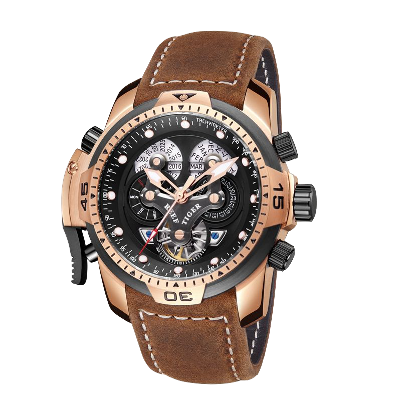 Reef Tiger Luxury Men's Aurora Concept Rose Gold Military Automatic Sport Watch - Leather image