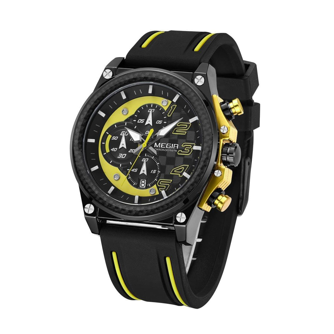 MEGIR Men's Racer Chronograph Date 45mm Black / Gold / Yellow Silicone Strap Watch