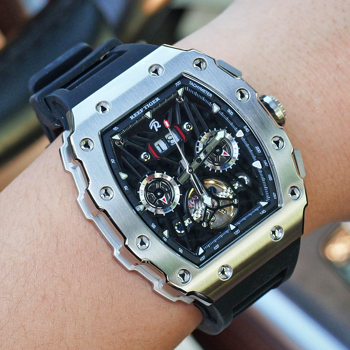 Reef Tiger Men's Aurora Titan Mechanical Multifunctional Day/Date Skeleton Automatic Watch RGA3009 image 13