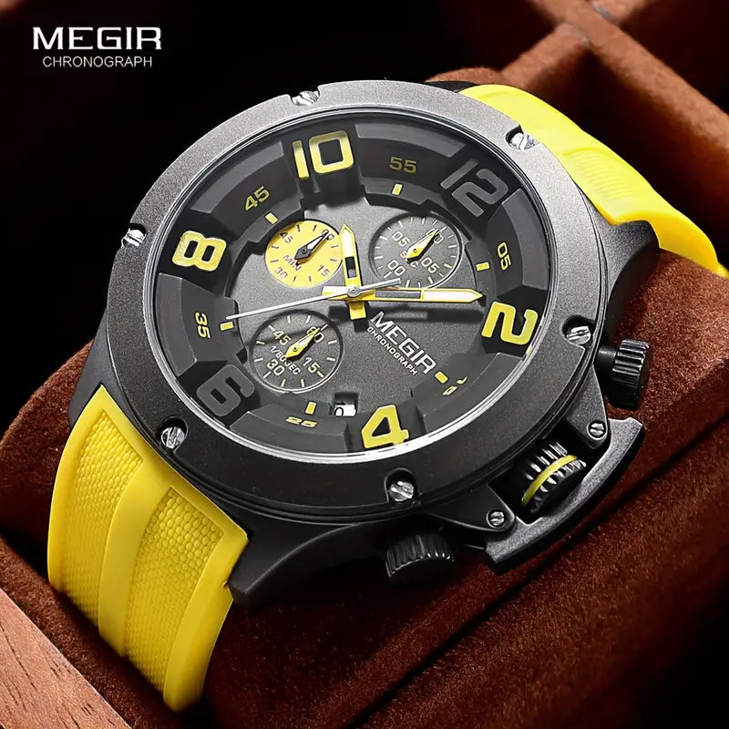 MEGIR Men's Submarine II Chronograph Date 47mm Silicone Strap Watch Yellow