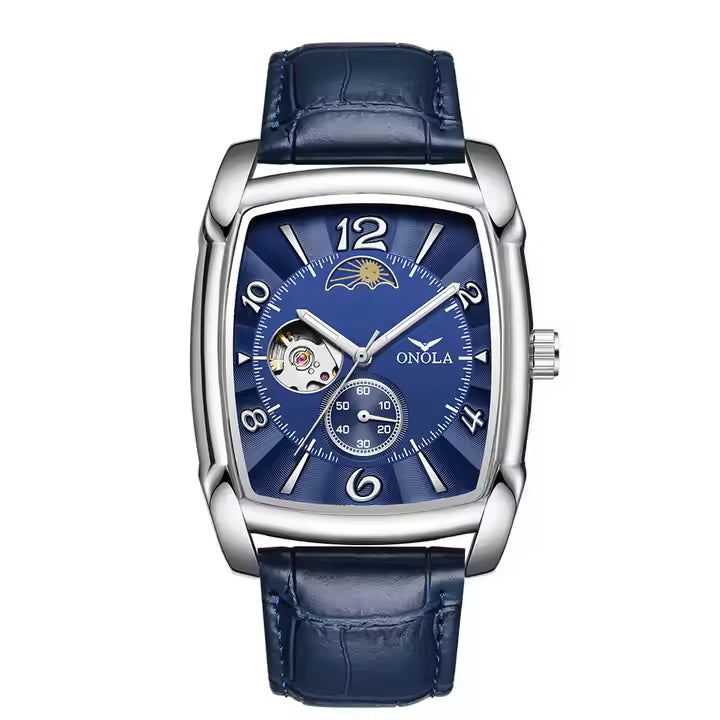 ONOLA Classic Automatic Moonphase Easy Read Tonneux Open Heart Leather Watch image 0