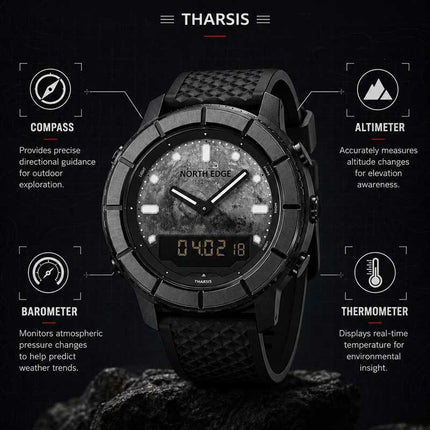 NORTH EDGE THARSIS Outdoor Tactical Digital Watch Carbon Fiber Case 304 Stainless Steel Bezel Barometer Mars-patterned 50M Waterproof Men's Watch