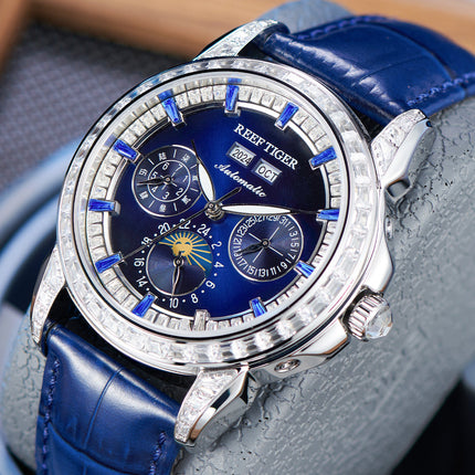 Reef Tiger Classic Philosopher Zirconia Bezel Multifunctional Mechanical Moon Phase Automatic Watch Blue RGA1988 image 1