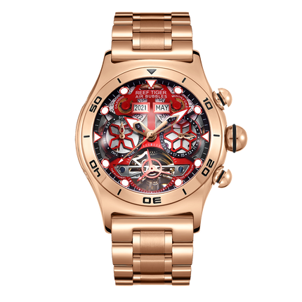 Reef Tiger Men's Aurora Air Bubbles Automatic Mechanical Skeleton Watch Rose Gold/Camel image 4