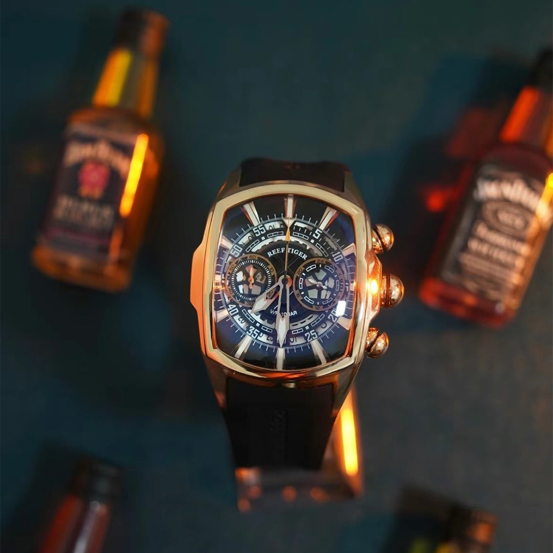 Reef Tiger Aurora Tank VK Quartz Sport Chronograph Watch Luxury Rose Gold image 1