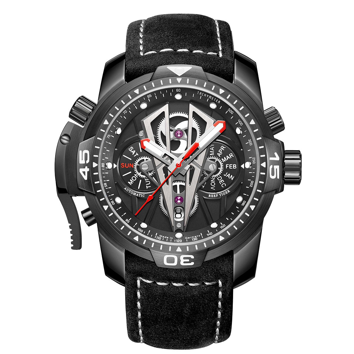 Reef Tiger Aurora Concept 2 Black PVD Automatic Military Sport Watch for Men - Leather image