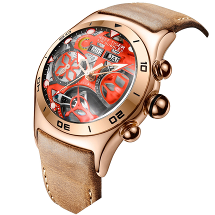 Reef Tiger Men's Aurora Air Bubbles Automatic Mechanical Skeleton Watch Rose Gold/Camel image 1