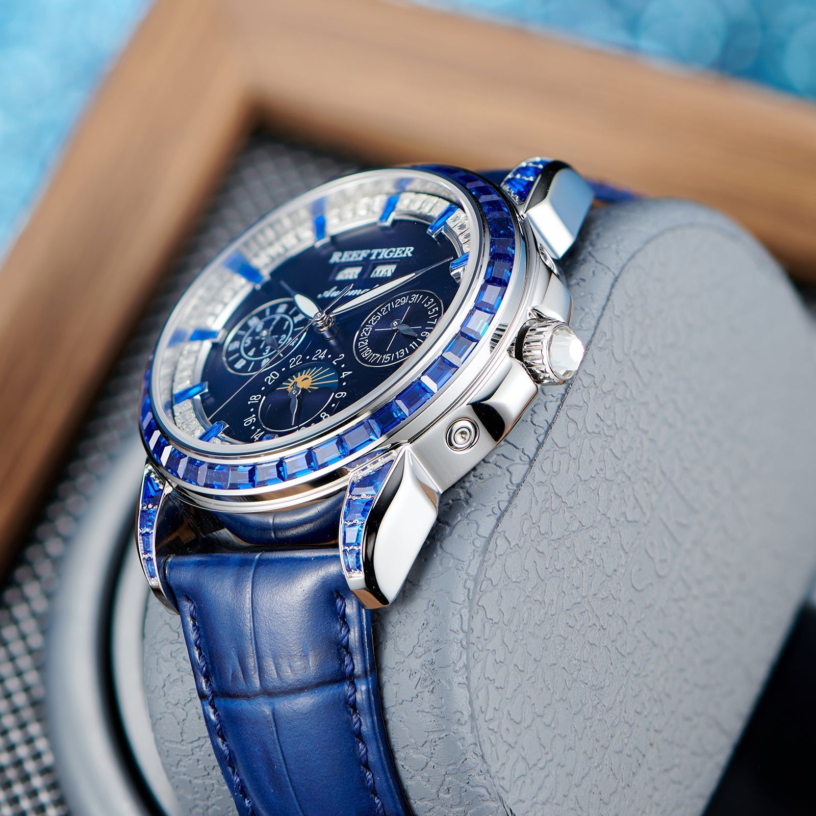 Reef Tiger Classic Philosopher Zirconia Bezel Multifunctional Mechanical Moon Phase Automatic Watch Blue Zircon RGA1988 image 3