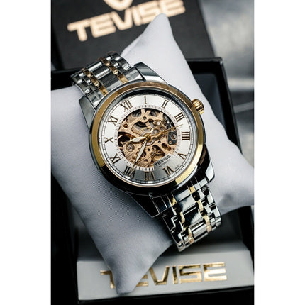 TEVISE Skeleton Classic Steel Two Tone Silver Watch image 5