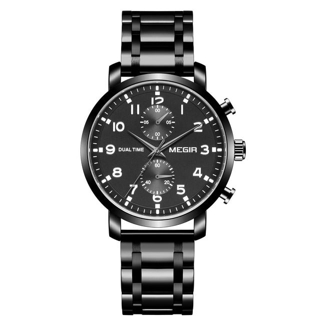 MEGIR Men's Dual Time Chronograph Date 42mm Ionic Black Stainless Steel Bracelet Watch