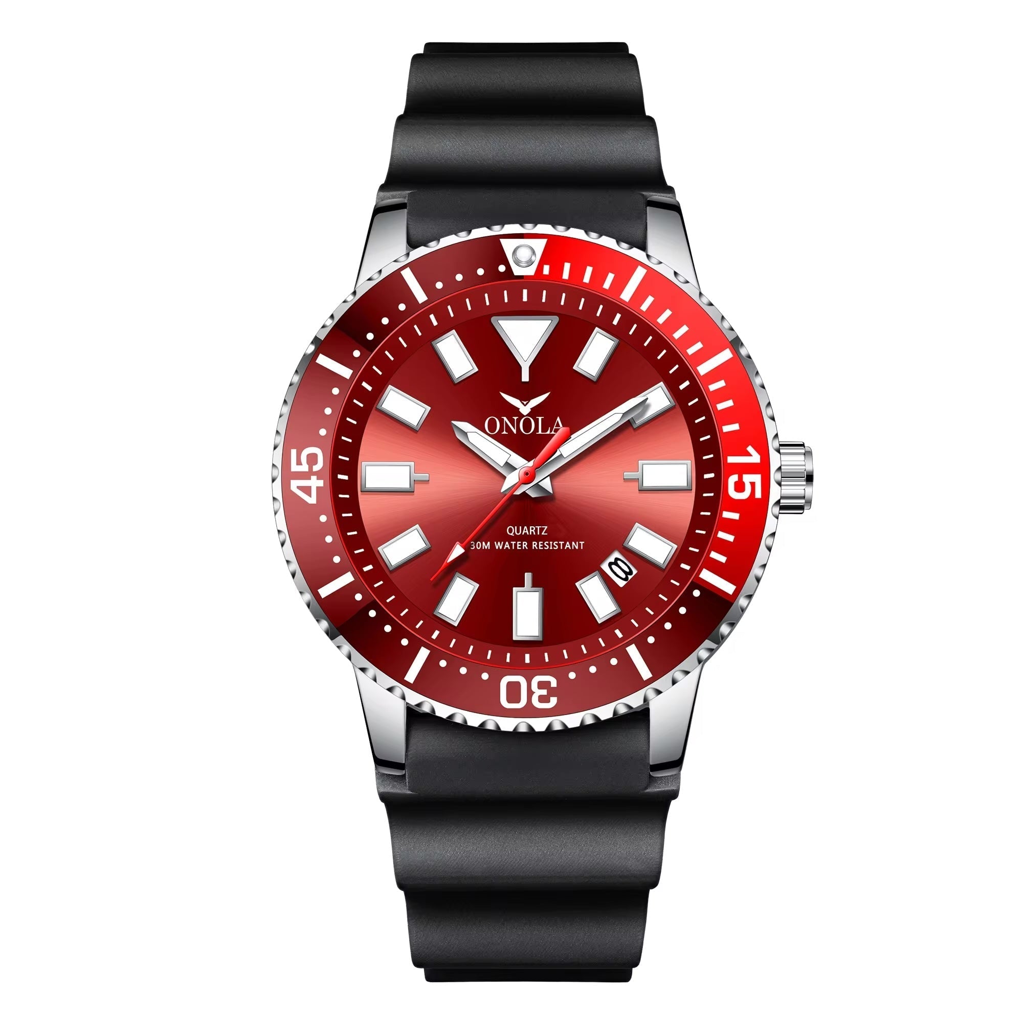ONOLA Davaro Quartz Dive Inspired Silicone Strap Watch - Silver / Red image