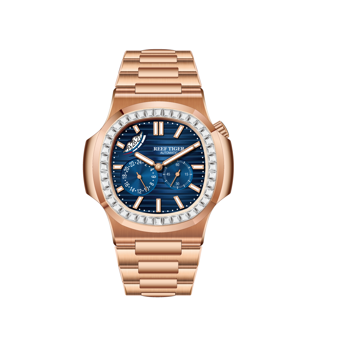 Reef Tiger Men's Peak 44mm Square Crystal Bezel Automatic Watch RGA2019 Rose Gold/Blue image 13