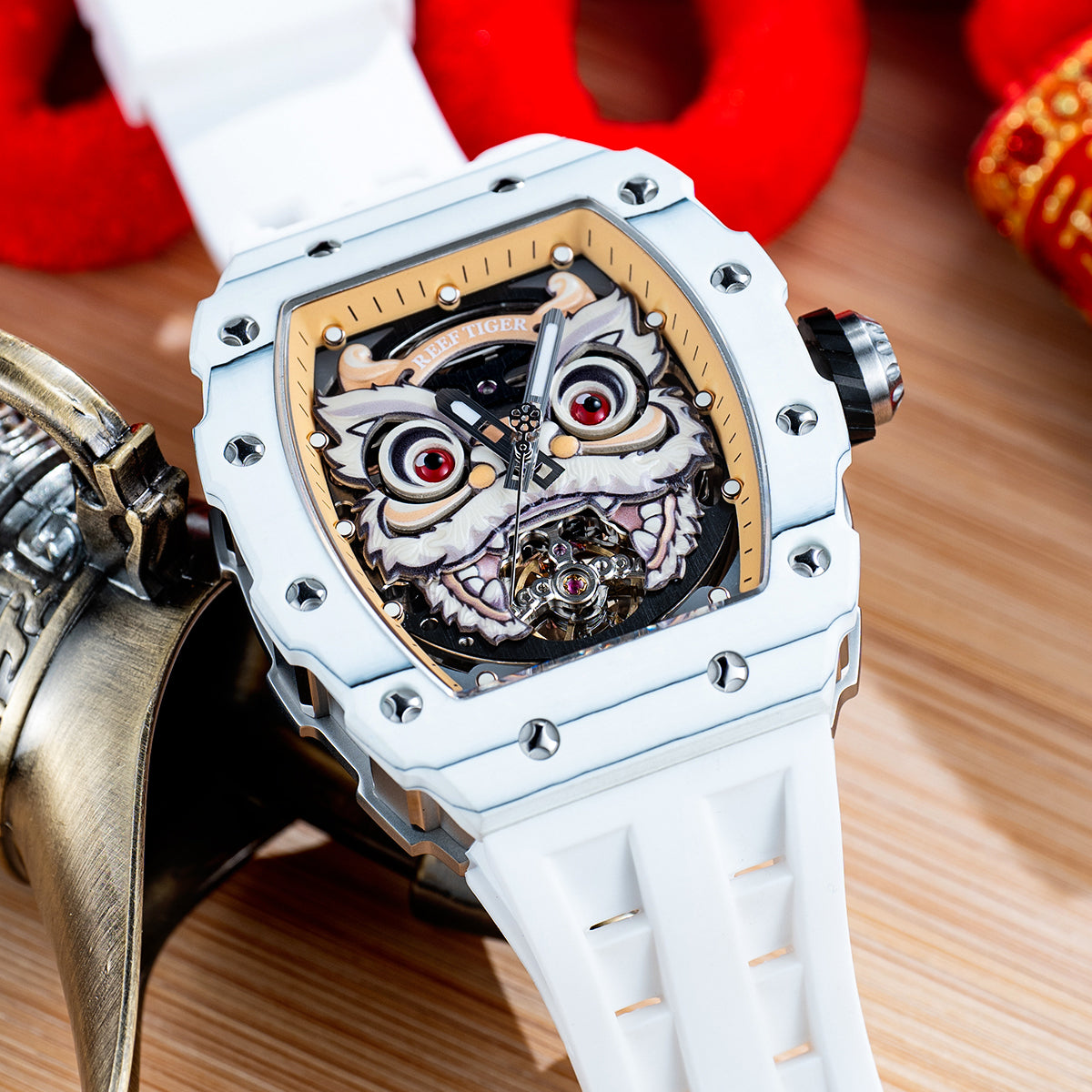 Reef Tiger Men's Chinese Lion Dance Automatic Skeleton Watch RGA3009 White image 5