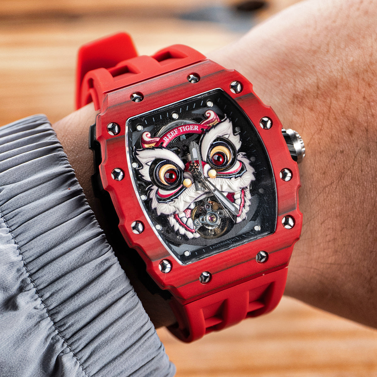 Reef Tiger Men's Chinese Lion Dance Automatic Skeleton Watch RGA3009 Red image 1