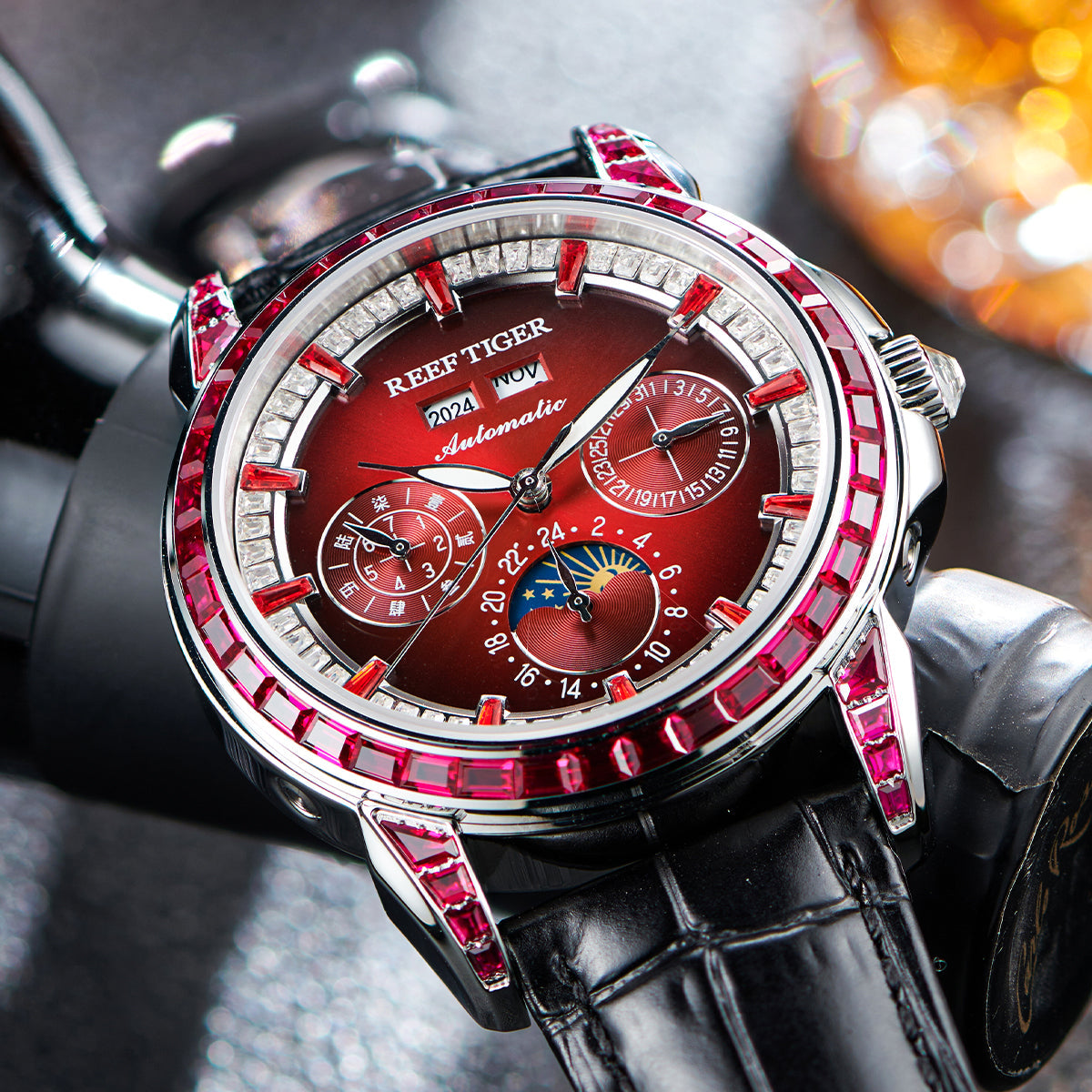 Reef Tiger Classic Philosopher Zirconia Bezel Multifunctional Mechanical Moon Phase Automatic Watch Burgandy RGA1988 image 2