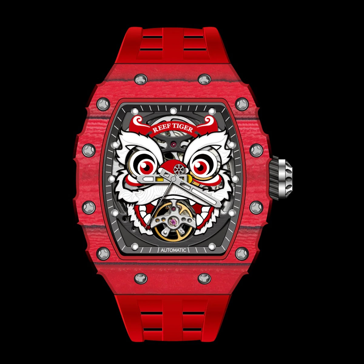 Reef Tiger Men's Chinese Lion Dance Automatic Skeleton Watch RGA3009 Red image 0