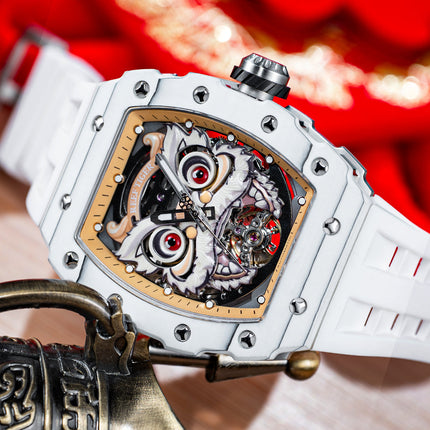 Reef Tiger Men's Chinese Lion Dance Automatic Skeleton Watch RGA3009 White image 1
