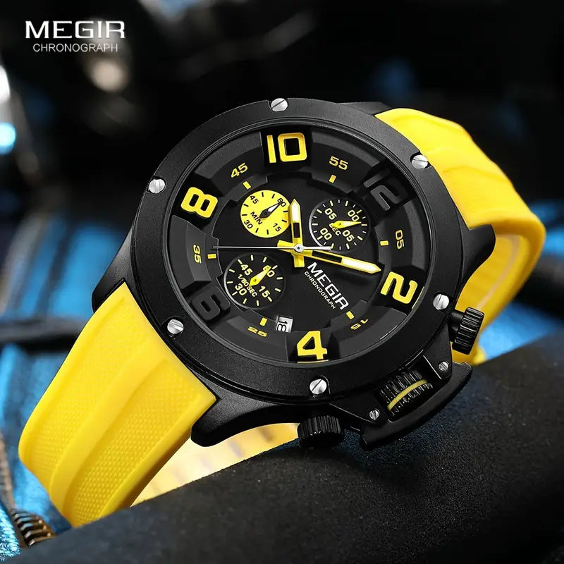 MEGIR Men's Submarine II Chronograph Date 47mm Silicone Strap Watch Yellow