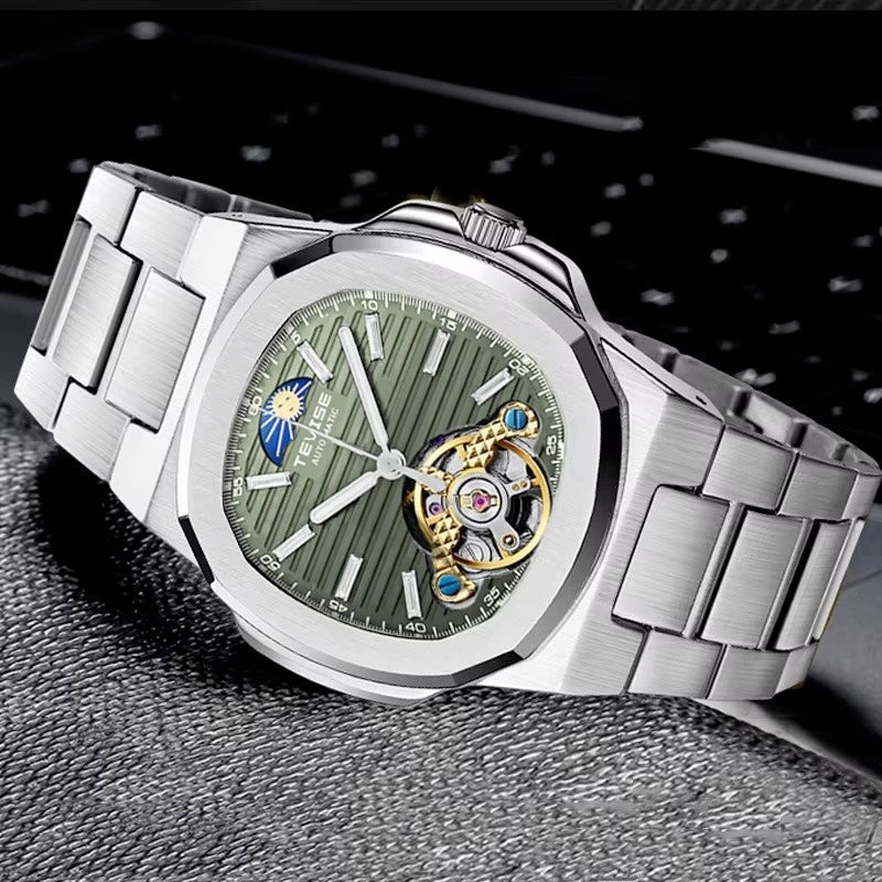 TEVISE Berlin Moonphase Open Heart Automatic Watch Silver/Green image 3