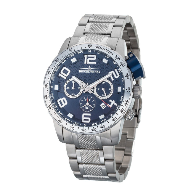 THUNDERBIRDS Aircraft Ejector Tachy Chronograph Steel Bracelet Watch Silver/Blue image 0