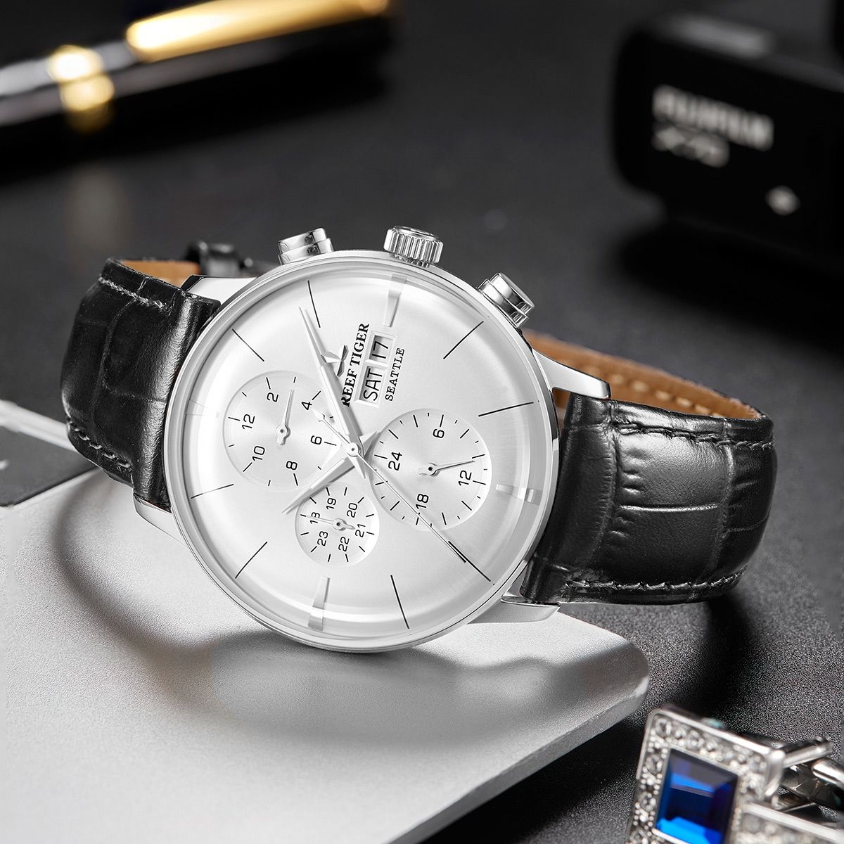 Reef Tiger Men's Seattle Chiefs Automatic Luxury Vintage Dress Chronograph Watch image 4