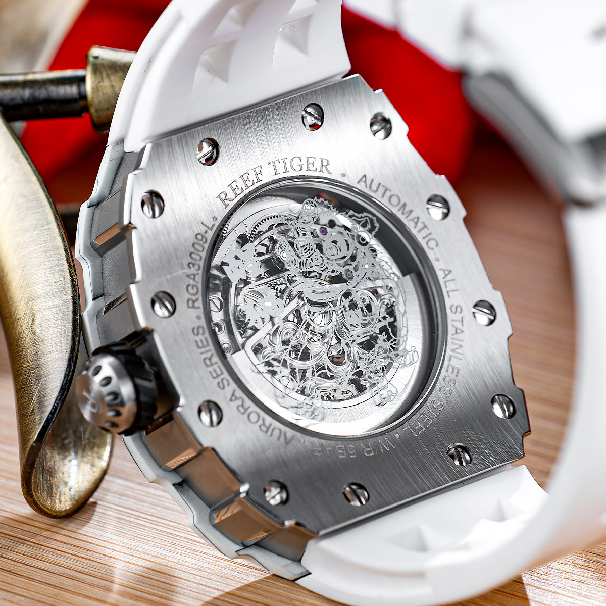 Reef Tiger Men's Chinese Lion Dance Automatic Skeleton Watch RGA3009 White image 8