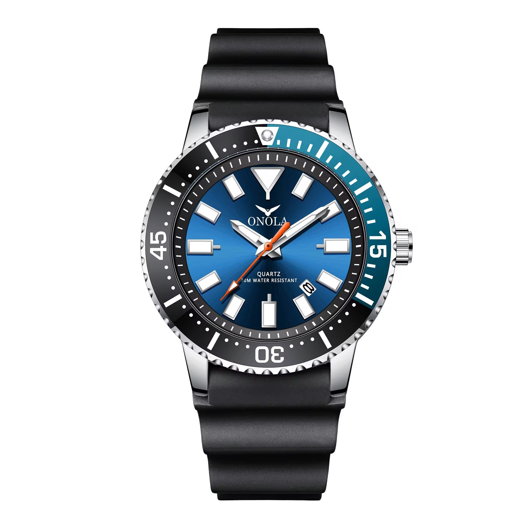 ONOLA Davaro Quartz Dive Inspired Silicone Strap Watch - Silver / Blue image