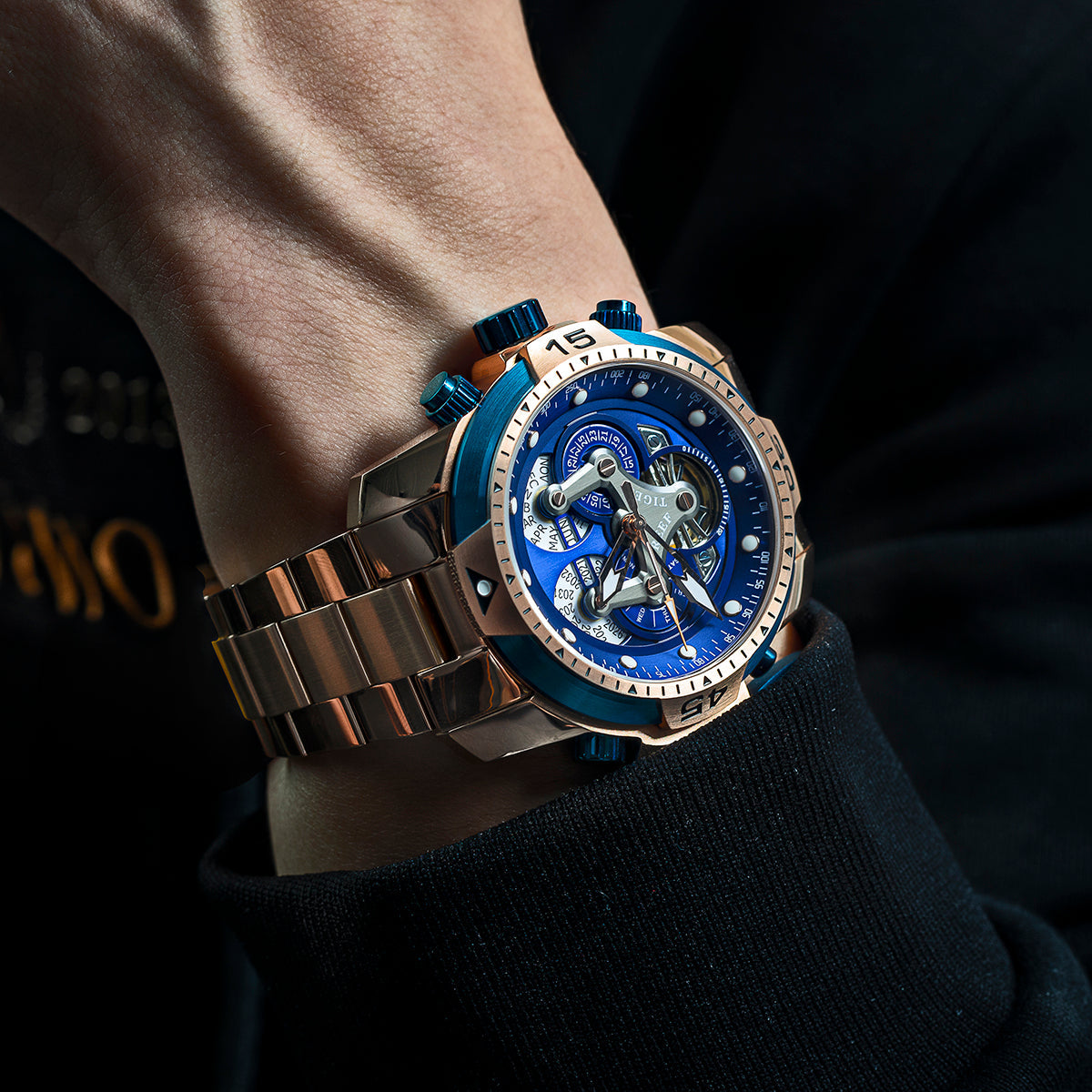 Reef Tiger Men's Aurora Concept Skeleton Automatic Mechanical Watch Rose Gold/Blue image 2